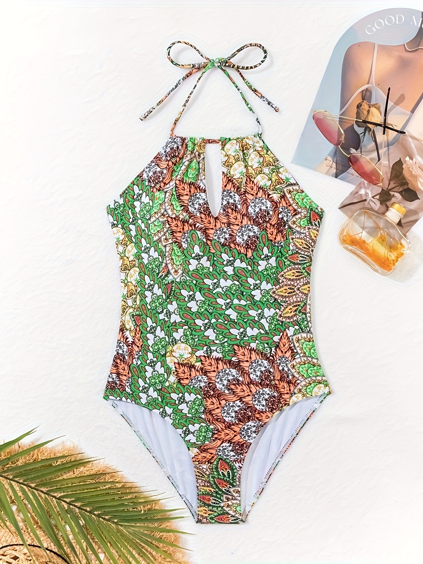 Allover Print Round Neck Swim Suit Tummy Control - Temu