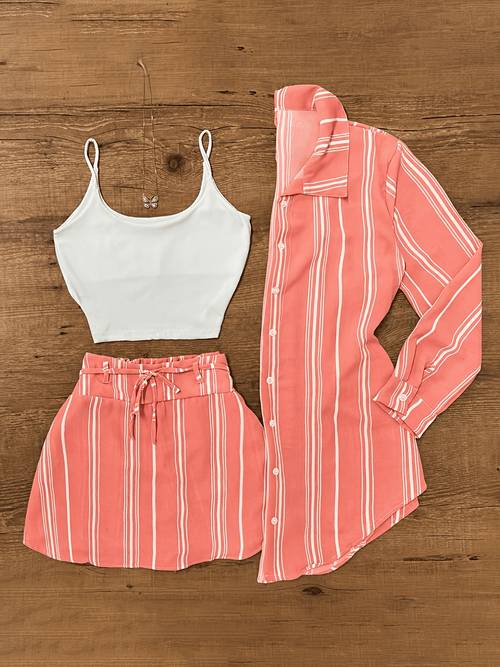 womens striped multi wear 3pcs set striped shirt camisole and high waist skirt casual womens suit fresh and overall style easy to handle beach vacation afternoon tea date