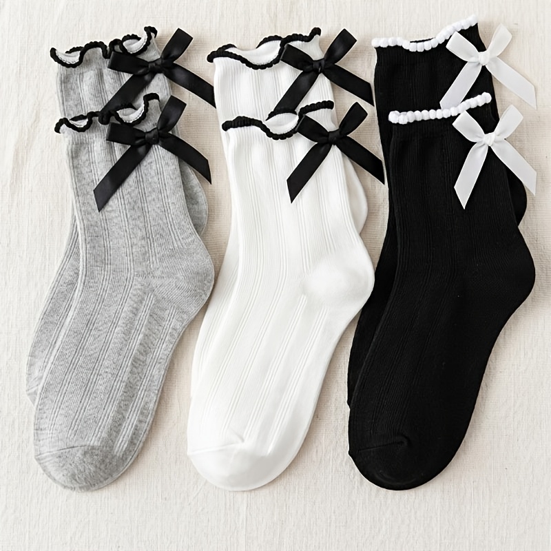TEMU 3 Pairs, Striped Bow Women's Medium Tube Socks, Summer Thin Spice College Vertical Striped Short Socks, Black With Wooden Ears, White And Gray
