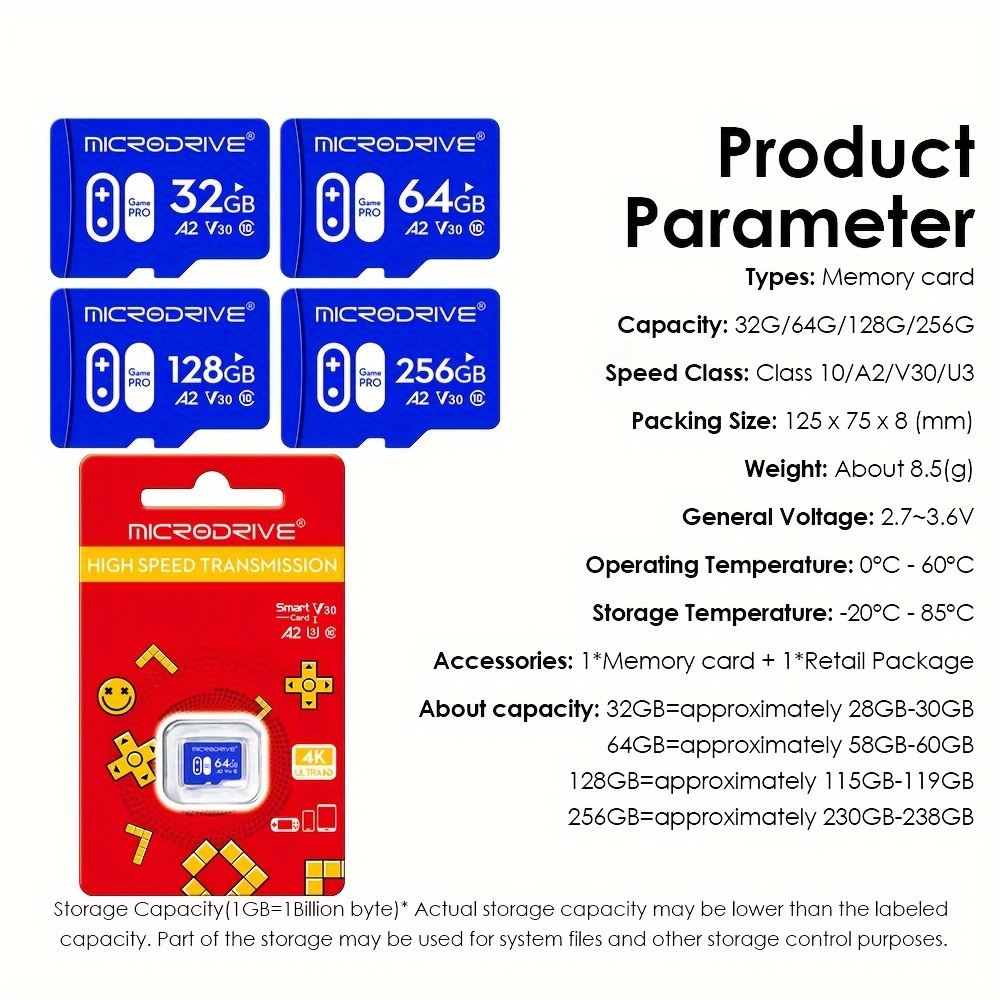 High-speed gaming U3TF card, Class 10 memory card for smoother gaming, UHS-I/UHS-II SD card 256G, 128G, 64G, 32G. It is applicable to tablet computers, cameras, mobile phones, laptops and car audio systems