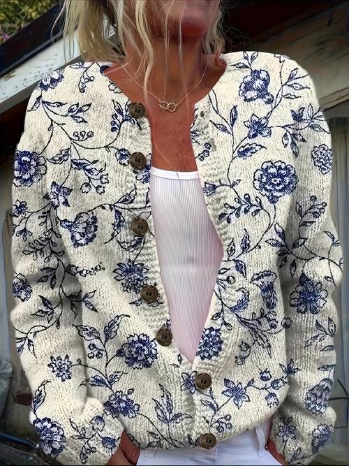 plus size plus size womens floral print cardigan elegant long sleeve open front sweater with blue floral button front closure round neck lightweight layering piece casual layering top knitwear shawl
