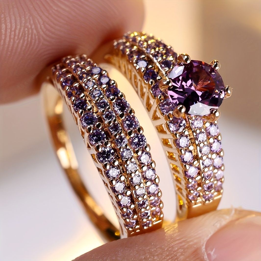 TEMU Angol 2pcs Set: , Luxurious, Classic, Elegant, Versatile, And Exquisite Jewelry Featuring A Purple Synthetic Synthetic Zirconia Ring