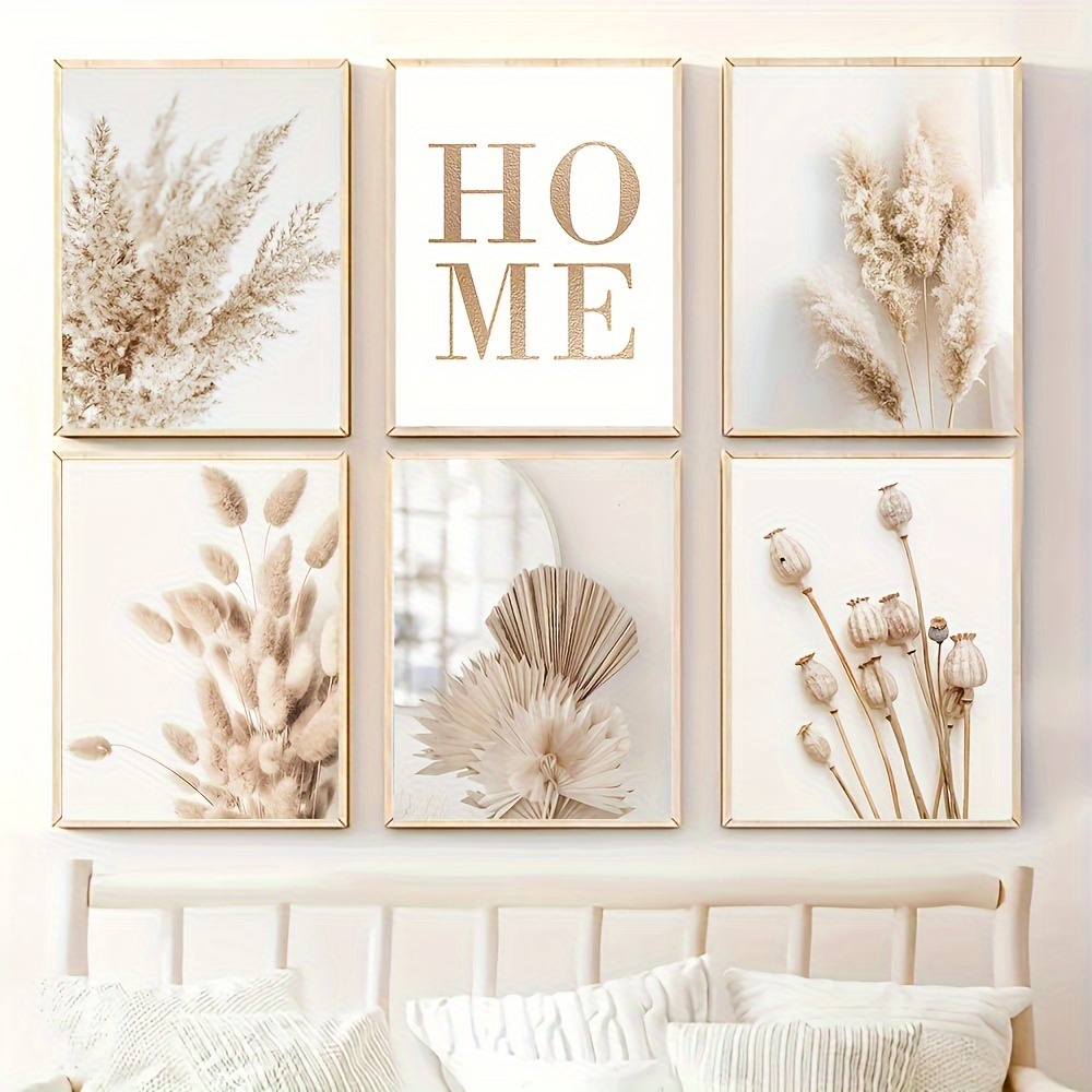 

6pcs Unframed Canvas Poster, Beige Pampas Grass & Reed Painting, Canvas Wall Art, Artwork Wall Painting For Gift, Bedroom, Office, Living Room, Cafe, Bar, Wall Decor, Home And Dormitory Decoration