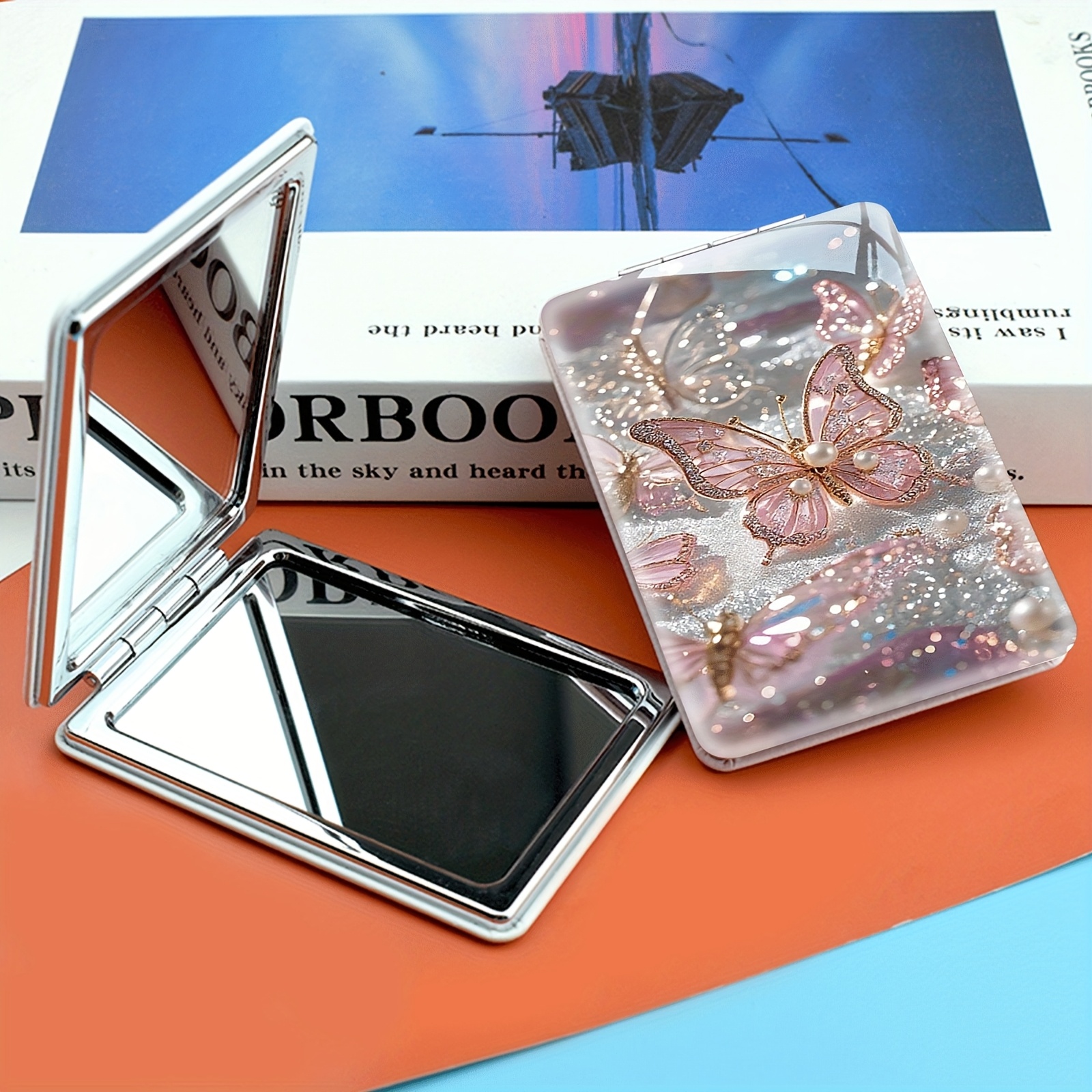TEMU 1 Portable Makeup Mirror - Double-sided, Foldable, Handheld Design, Pink Butterflies Flying In , Aesthetic Display Of Unique Romantic Charm,