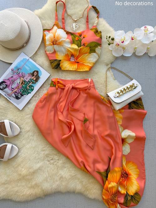 style spicy tropical floral set short cami top and tie front skirt casual versatile two piece womens skirt set additions not included