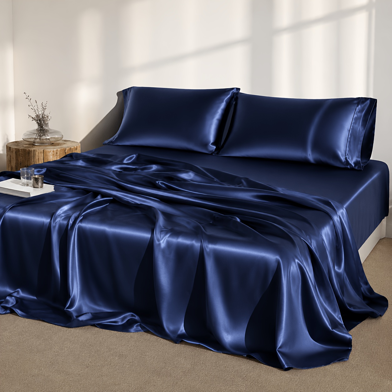 TEMU Parure de lit 3/4 pièces en satin rafraîchissant, draps de lit de luxe et doux, parure de draps en satin doux pour et respirant avec drap-housse