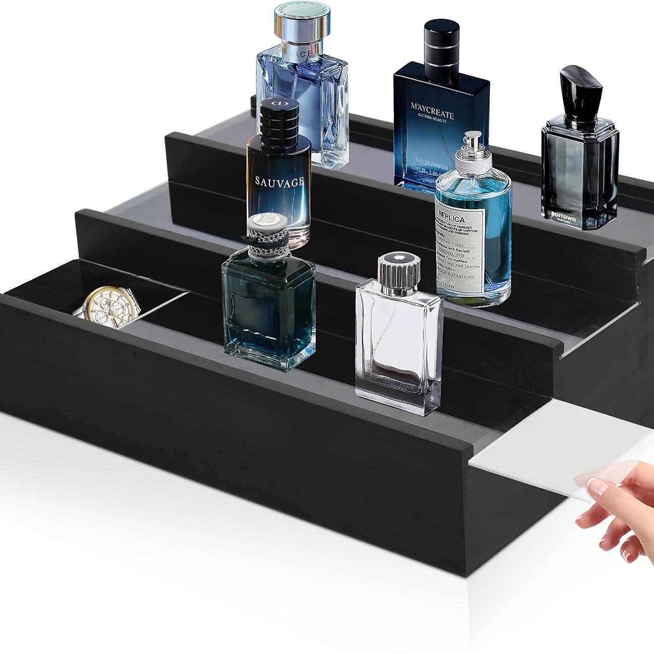 TEMU Wood 3 Tier Cologne Organizer For Men, Black Wood Perfume Organizer For Watch, Jewelry, Perfume Display Risers For Cologne, Perfume Display