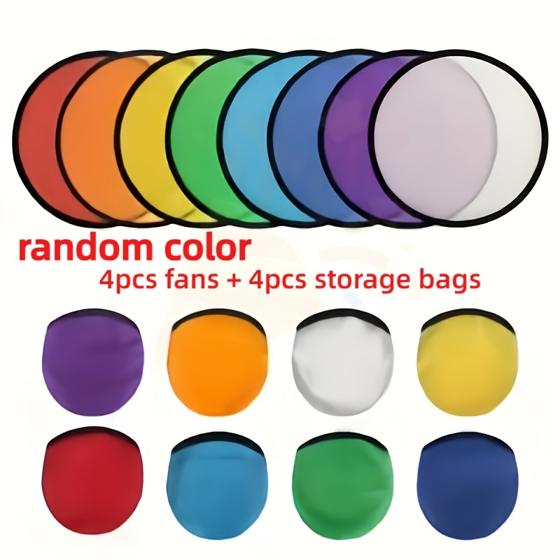 TEMU Juego de 4 ventiladores plegables y 4 bolsas de almacenamiento, juego de ventiladores redondos, colores aleatorios, ligeros y , no requiere