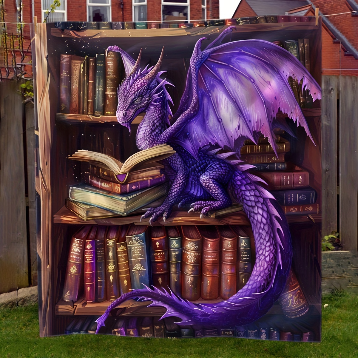 

Style Dragon Reading Enthusiast Gift Flannel Throw Blanket - Animal Theme With Books Design, Soft Knitted All-season