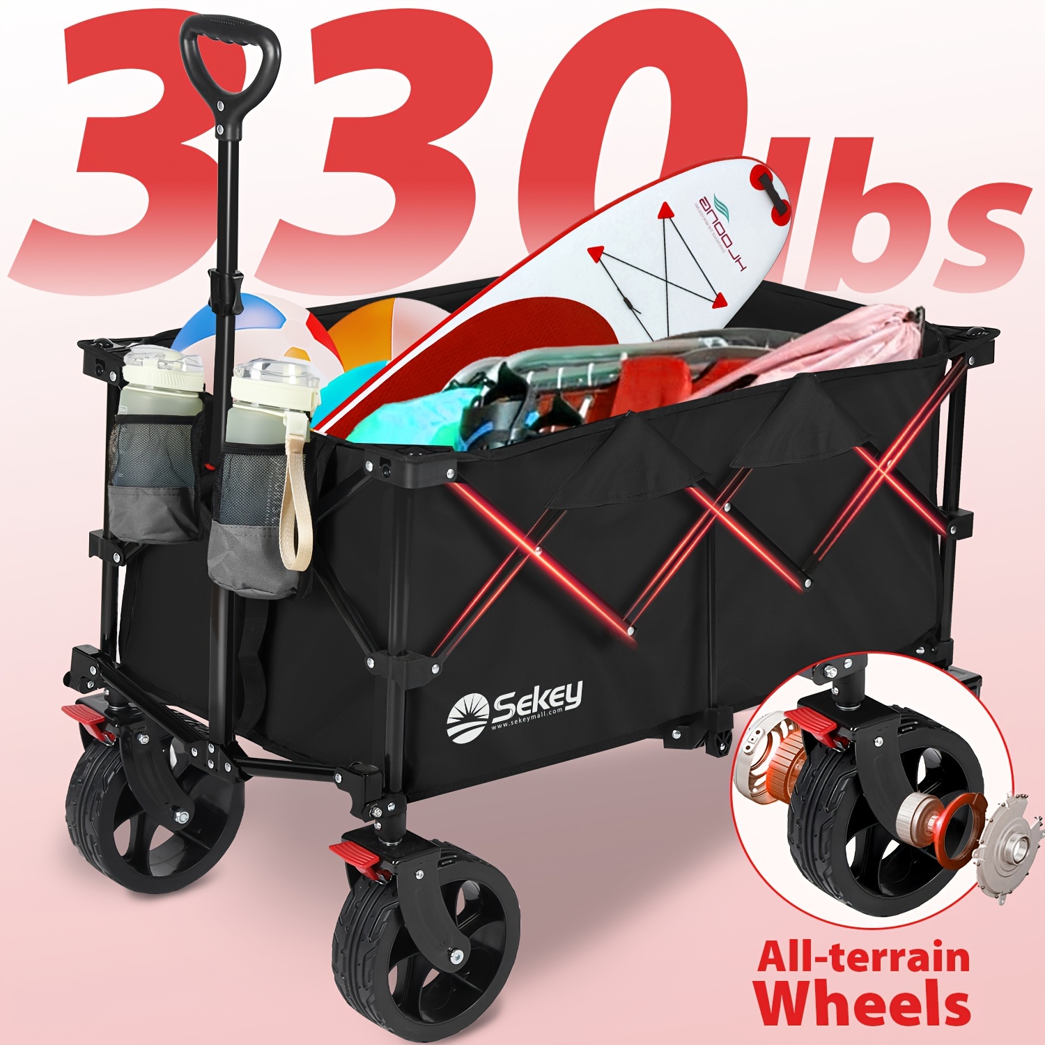 

Sekey 330lbs 220l Collapsible Beach Wagon, Foldable Wagon Cart, Heavy Duty Folding Utility Cart Wagon With Big Wheels Grocery Wagon For Camp, Garden, Sport, Shop (black, 1-year-warranty)