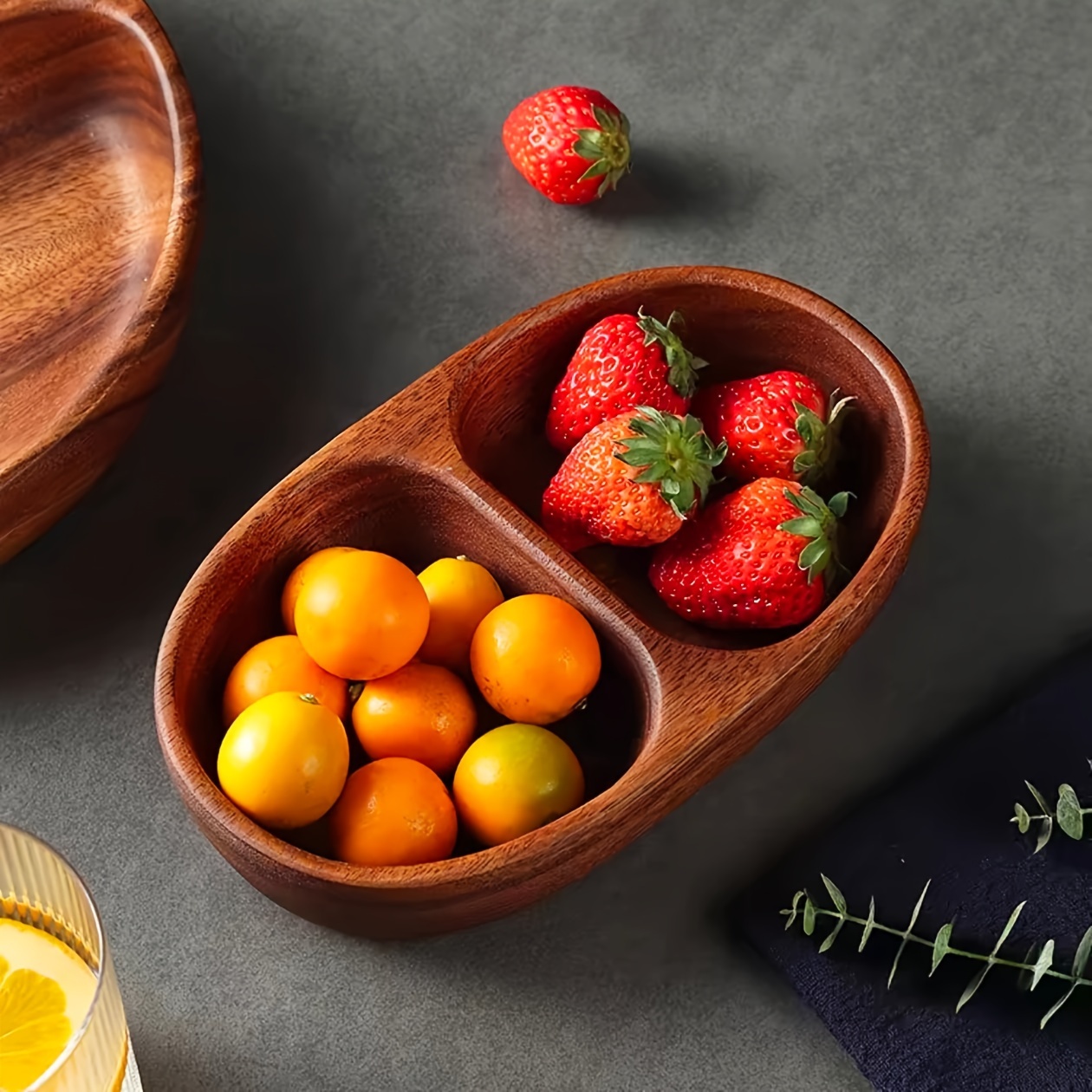 

Wood Partitioned Serving Bowl - Dual Section Snack, Nut & Fruit Platter For Home Use