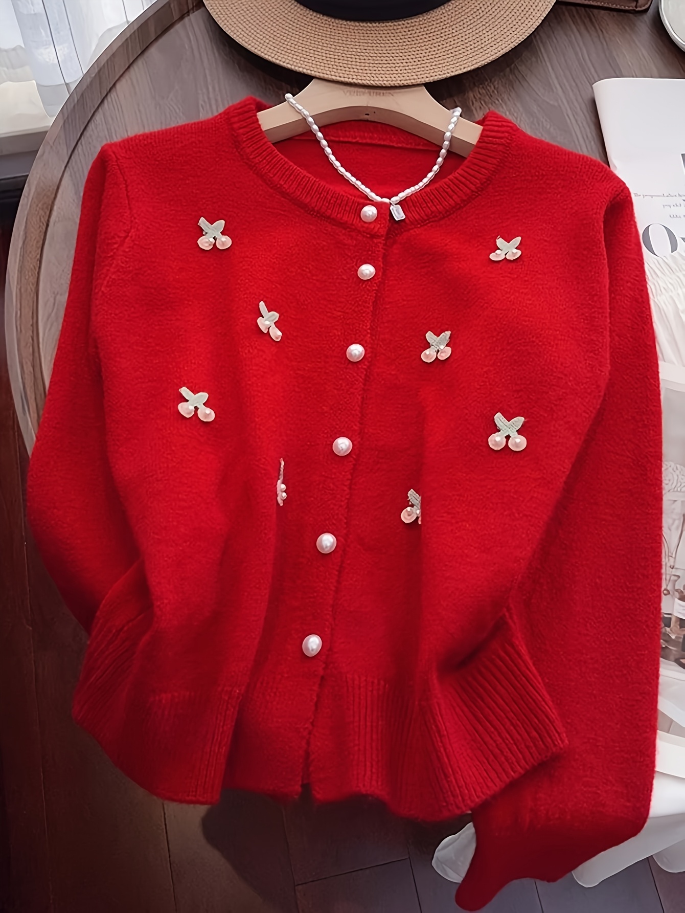 Elegant Ladies' Fashion Pearl Cardigan | Conventional Collar, Solid Color, Suitable for All Seasons