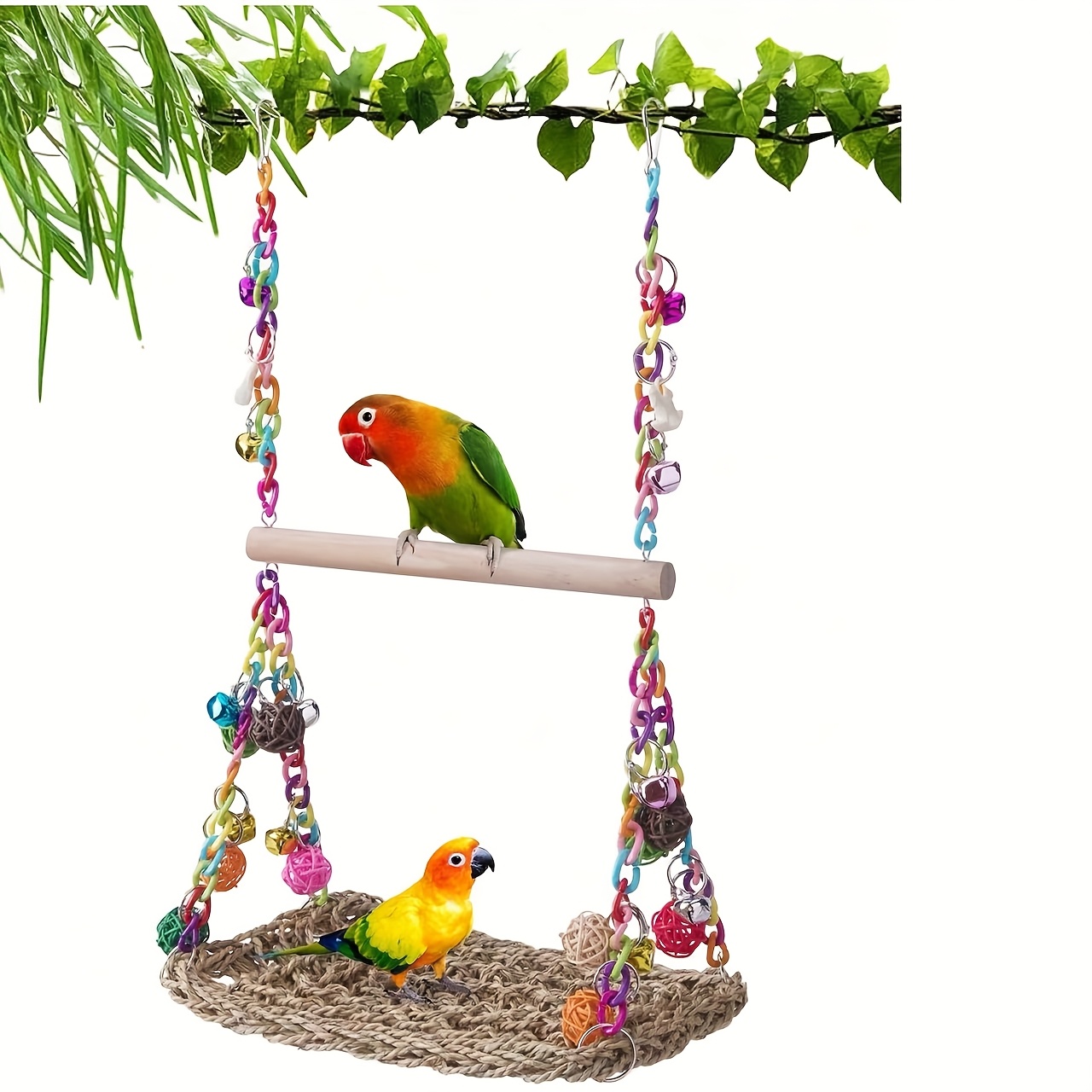 1 Parrot Acrylic Swing Stand, Rattan Ball Colorful Chain Double Layer Swing, Climbing Net Hammock, Educational Bird Supplies, Bird Cage Additions, Parrot Toys, (All Additions Are Randomly Assembled in Color)