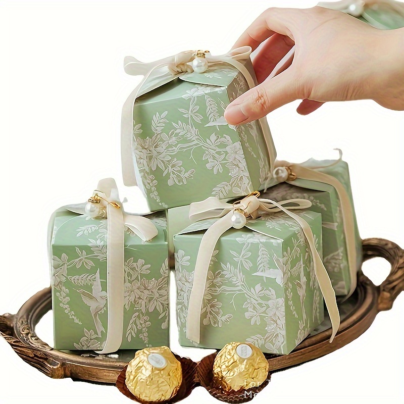 

50pcs Floral & Bird Themed Wedding Favor Boxes With Velvet Ribbon And Pearls - Chocolates, Cookies, And Gifts - Ideal For Christmas, Birthdays, And Parties