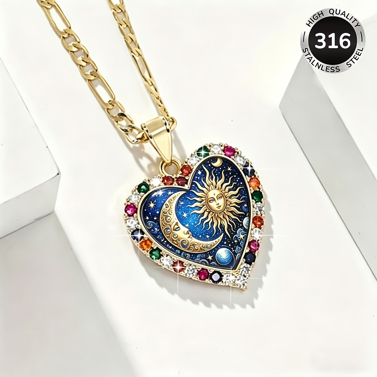 TEMU Collar con colgante de acero inoxidable 316 con diseño vintage de sol y mural, joyería hipoalergénica y agradable con incrustaciones de