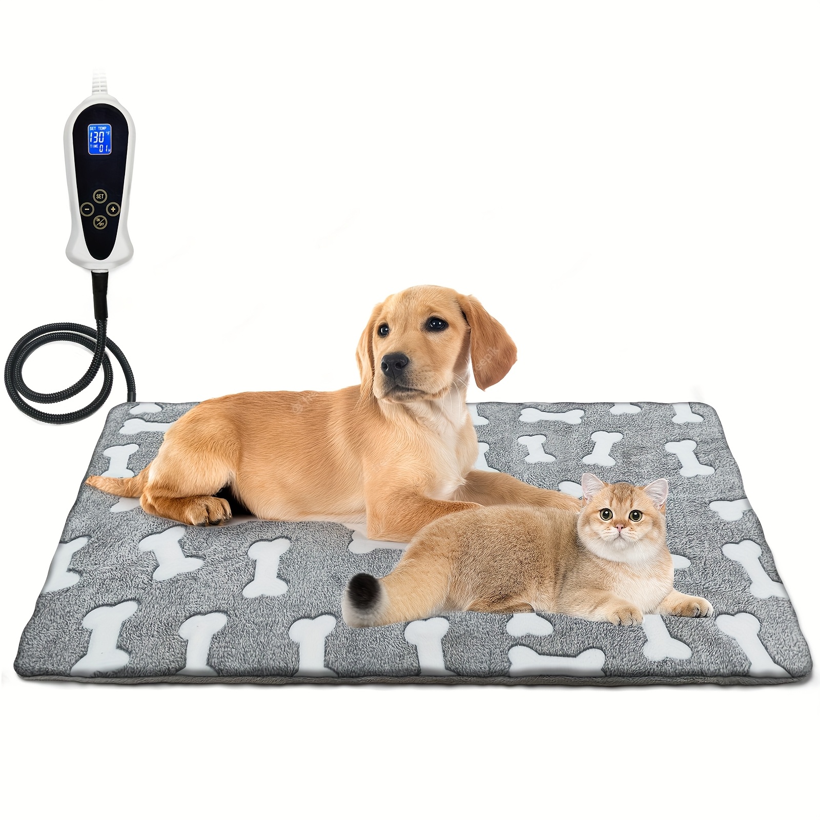 TEMU Pet Heating Pad, Suitable For Indoor Use With Cats And Dogs, Featuring An Adjustable Thermostat For 1-24 Hours Of Use And -resistant Steel Cord, With A Soft Gray Plush Cover