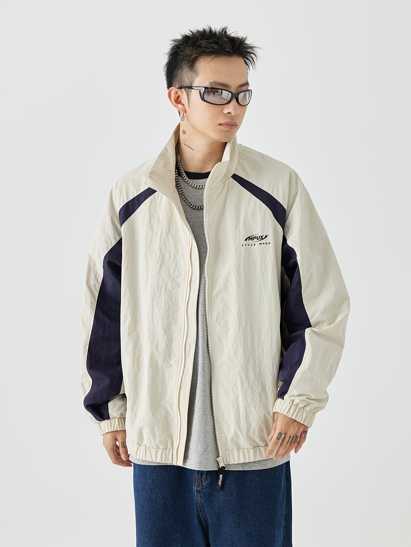 stripe edge men's casual stand collar zip - Temu