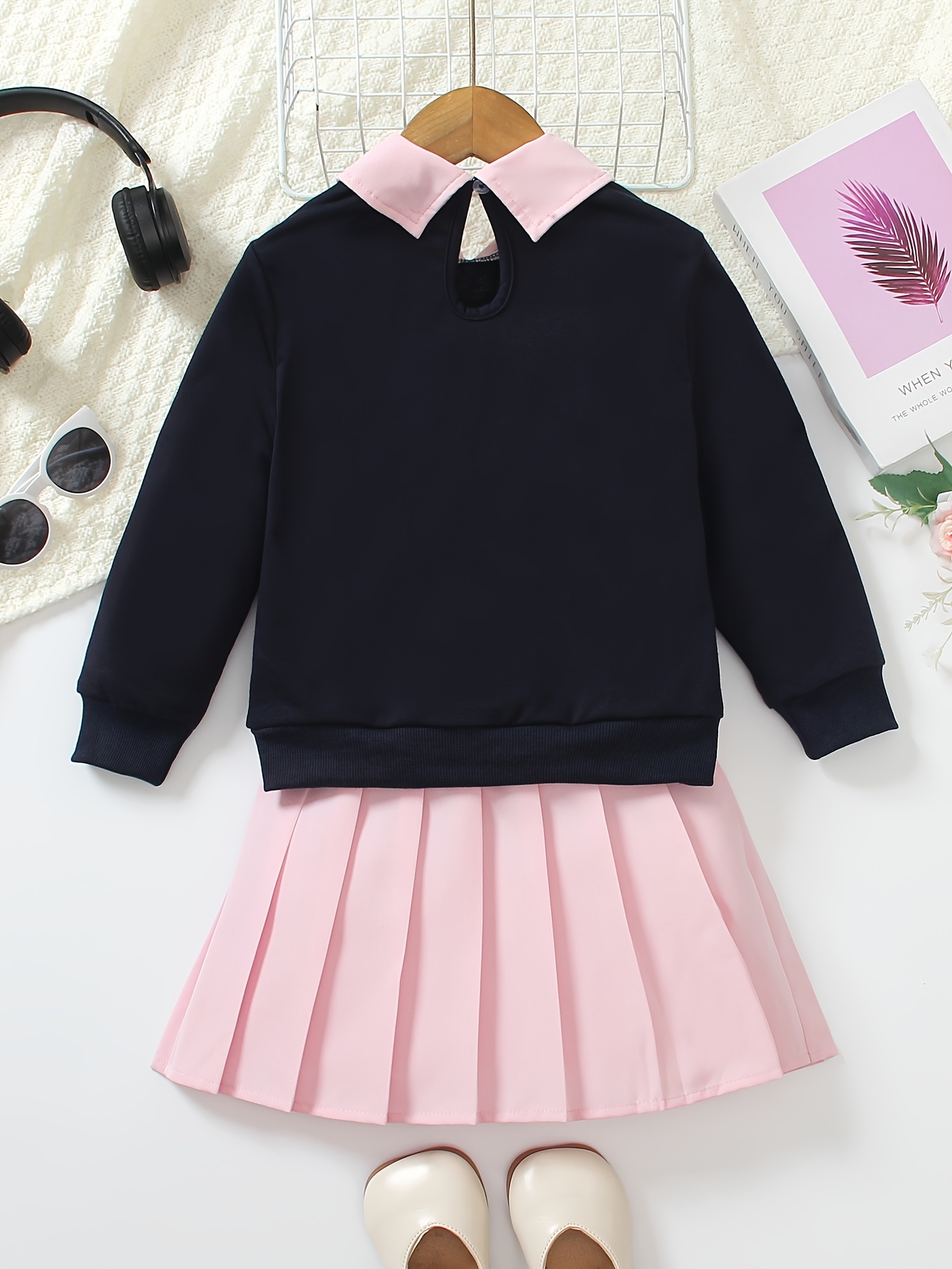 Two-piece Set for Girls: Fashionable Letter Random Print with Turnover Collar Regular Long Sleeve Top + Pleated Edge Solid Color Regular Short Skirt Length and Thigh Spring and Autumn Casual Half Skirt Set