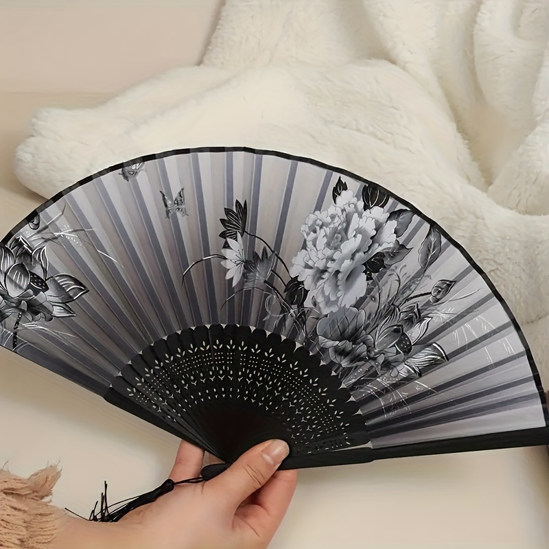 

1pc Exquisite Chinese Style Plastic Folding Hand Fan With Retro Floral Print, Classical Dance Accessory And Elegant Gift