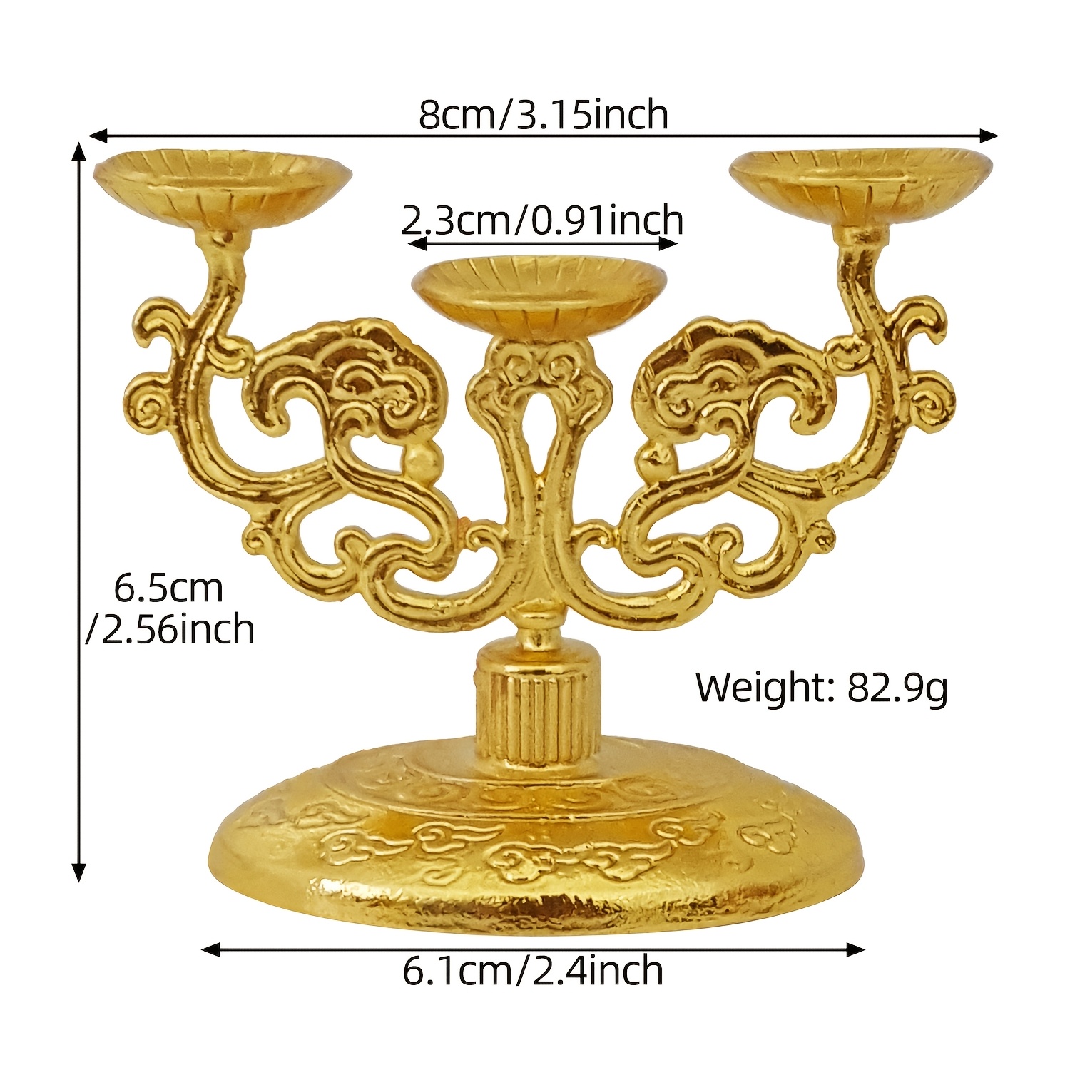 TEMU 1pc Golden Three-arm Candle Holder, 2.56-inch Tall Carved Candle Stand, Decorative Tabletop Candle Base, Suitable For Thanksgiving, Weddings,
