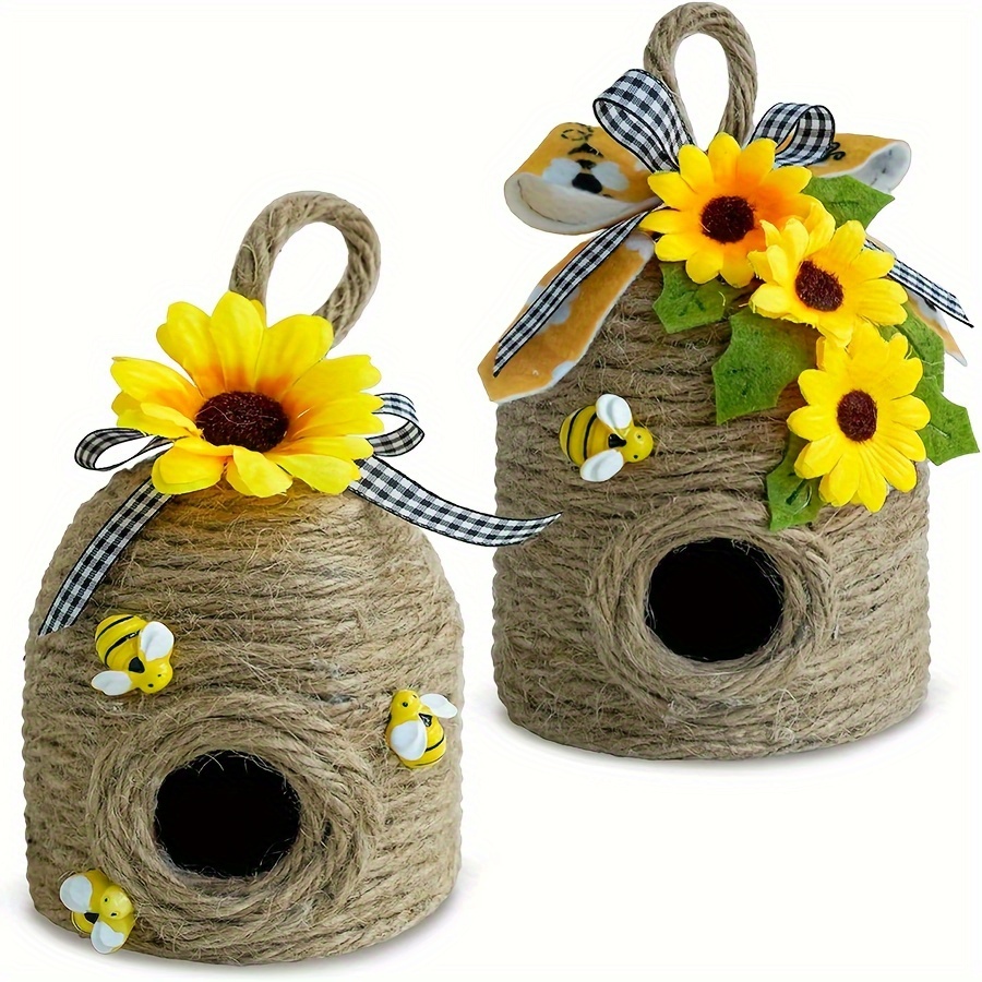 Contemporary Woven Hemp Rope Beehive Birdhouse With Sunflower Accents, Electricity-free, Featherless, For Spring/summer/holiday Decorations, Versatile Hanging Decoration For Outdoor, Garden, Porch