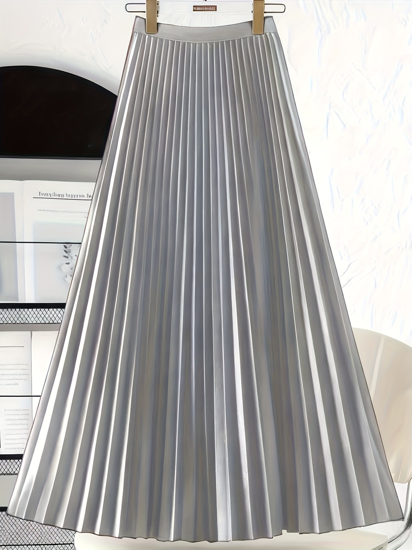 elegant womens pleated skirt light gray fiber is not easy to   washable solid color versatile casual formal style vertical pleated design