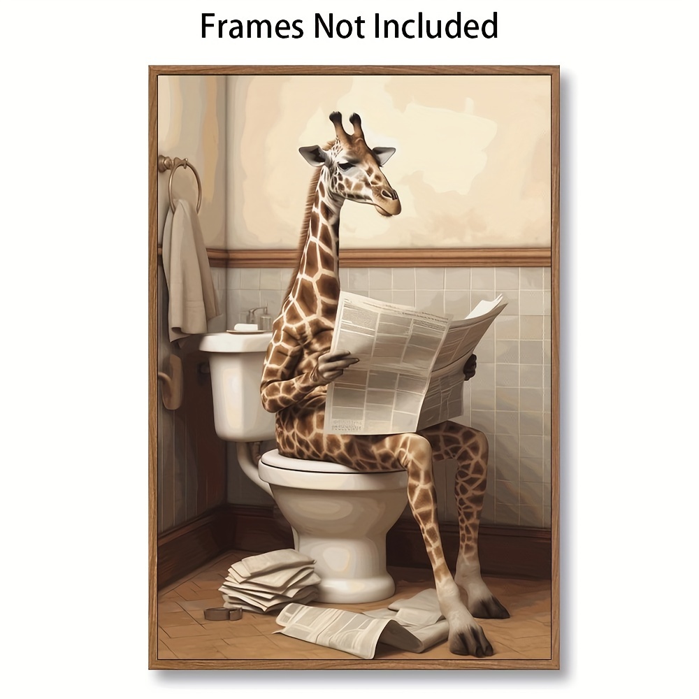 

Funny Bathroom Canvas Wall Art Giraffe Animal Reading Newspaper Poster, On Toilet Humor Frameless Painting Canvas Print Modern Aesthetic Picture Farmhouse Decoration 16 * 12inch