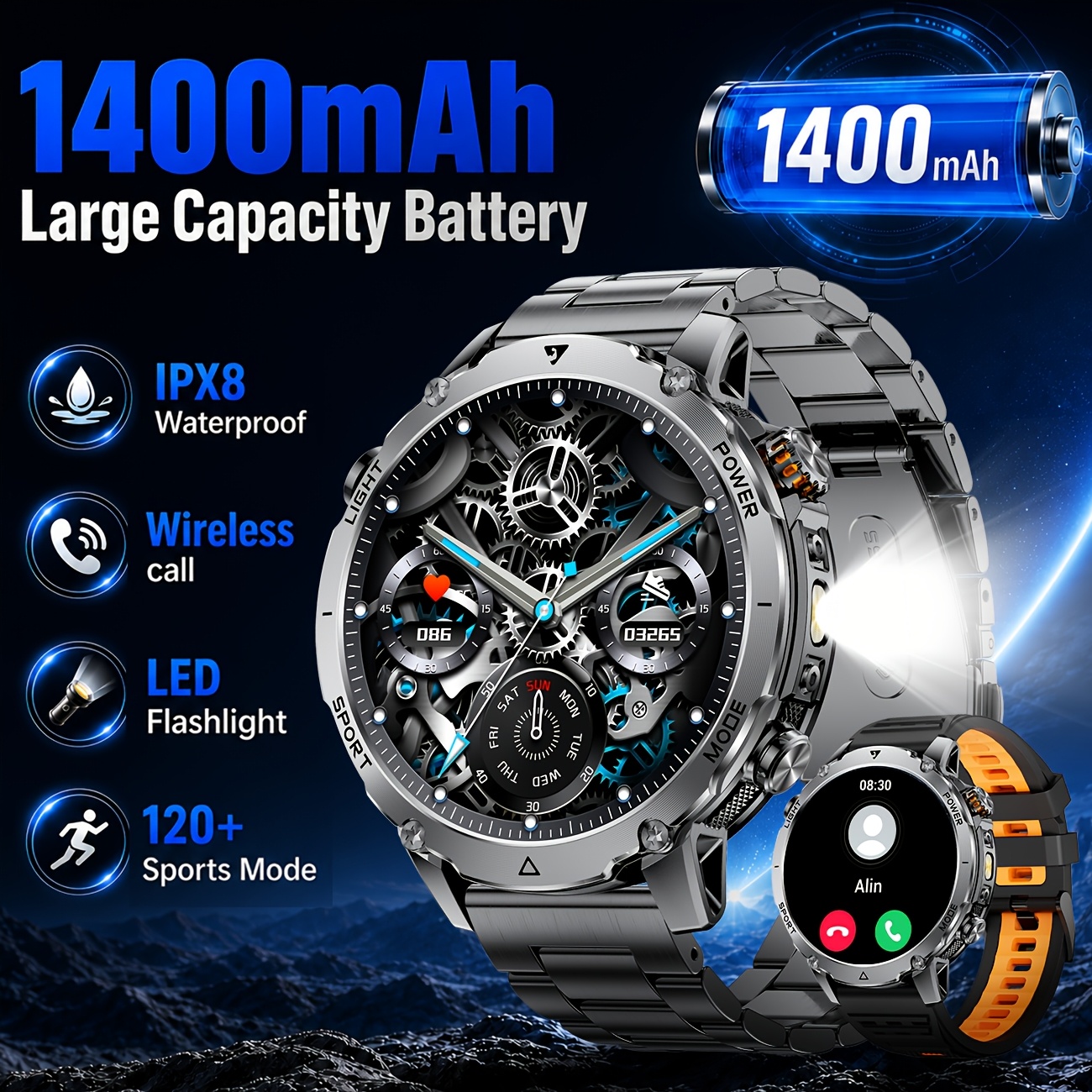 Image of Siemorl Smart Watch For Men 1400mah 60-days Battery, 1.85-inch Hd Smartwatch With Led Flashlight, 100 Mode, Ipx8, Pedometer, Fitness Watch For Iphone