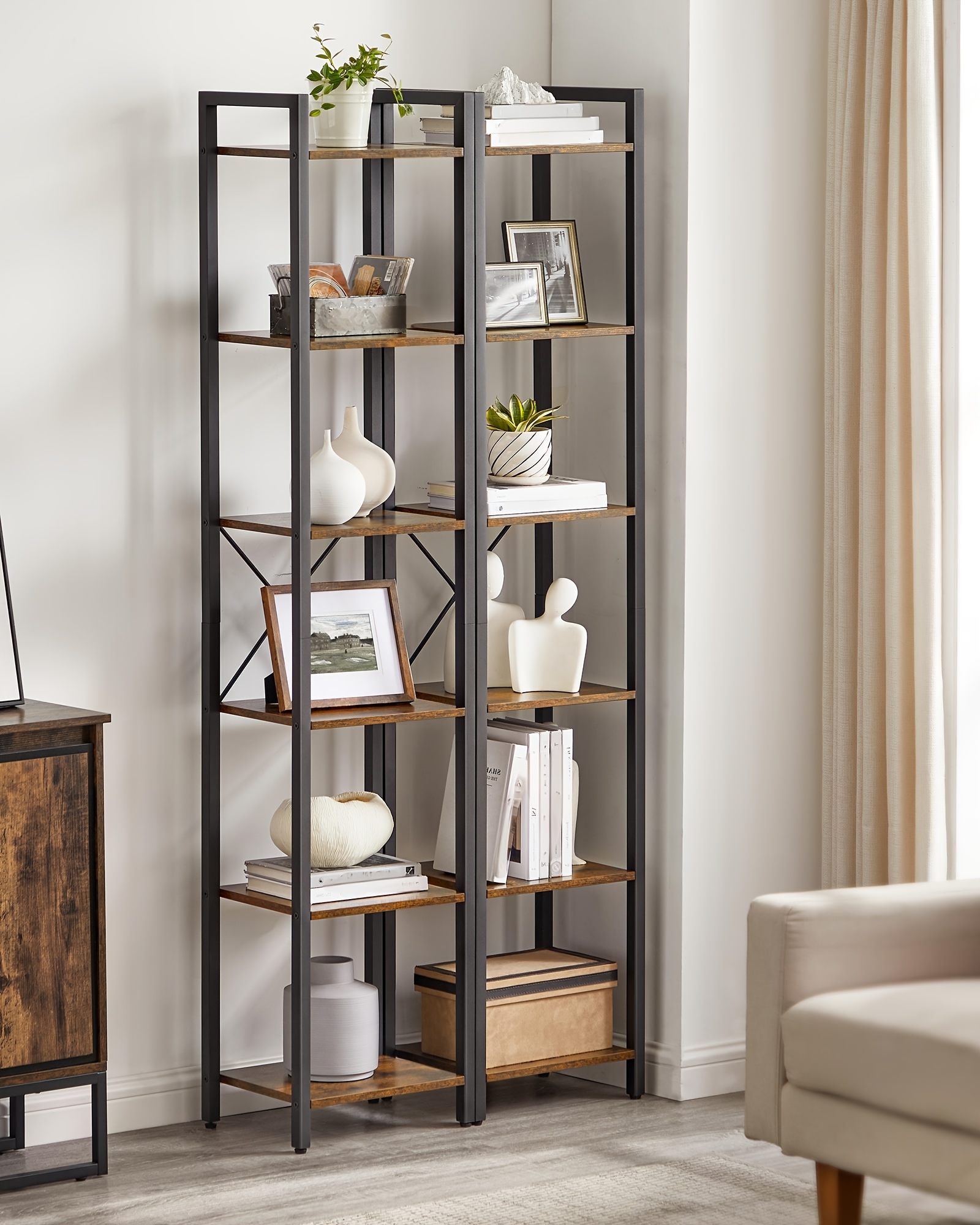 Industrial 6-Tier Heavy-Duty Steel Bookcase Shelf - Tall Narrow Vertical Storage Unit with Adjustable Shelves, Freestanding Space-Saving Bookshelf Suitable for Home Office,, Bedroom - Assembly, Modern Industrial