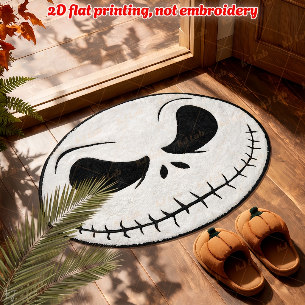 TEMU 2d Flat 1pc Wave Irregular Floor Mat Yx264-nightmare Before Christmas Jack Face Black And White Stitching Decoration-warm And Cute Long Strip