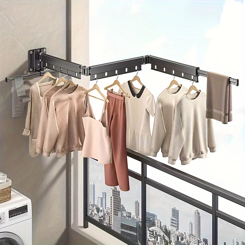 

Aluminum Alloy Folding Drying Rack With Hooks, Wall Mount Space-saving Clothes Hanger For Balcony, Laundry Room, Bathroom - Metal Material Retractable Clothesline