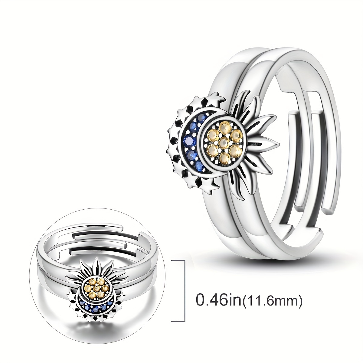 925 Sterling Silver Adjustable Ring, Moon and Sun Design