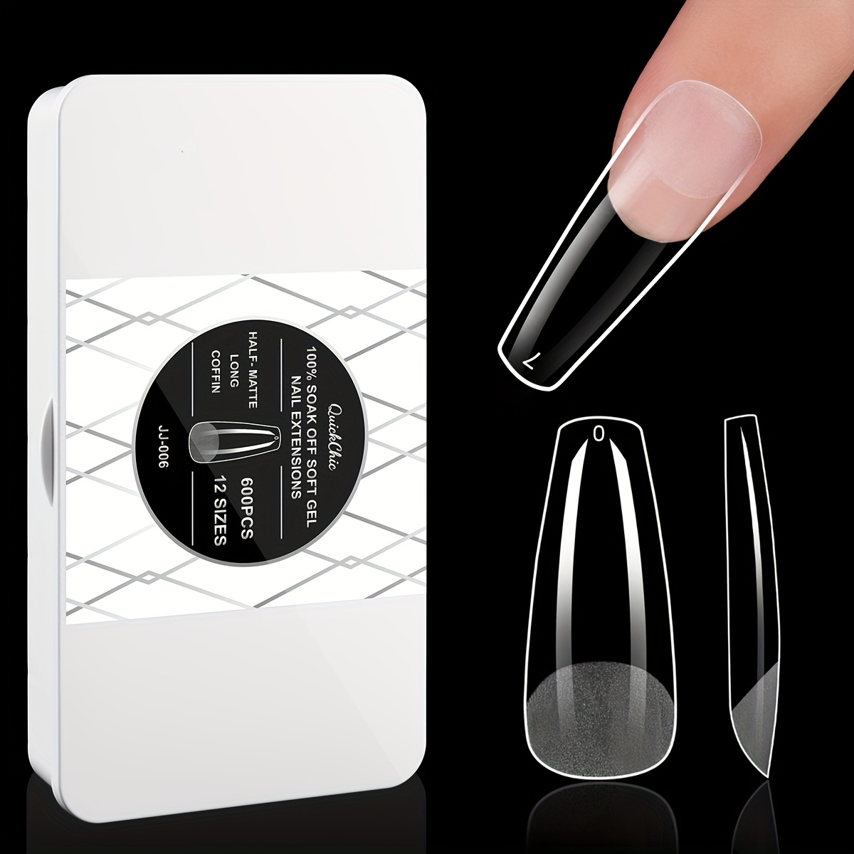 TEMU 600pcs Quickchic Soft Gel For Nail Tips, Half Matte Clear Acrylic For Nail Tips Pre-shaped False For Nail Tips For Nail Extension Manicure Tools