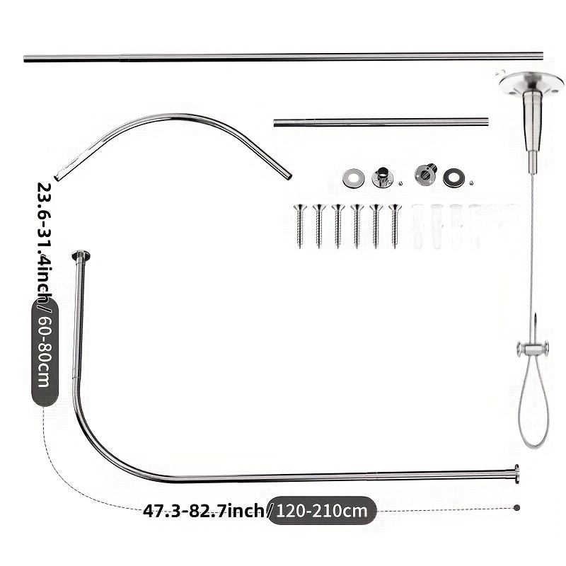 Image of An L-shaped Curved Retractable Shower Curtain Rod, Adjustable Shower Rod, Ceiling Support With Ceiling Hanging Rope, All, Suitable For Bathrooms, Bathtubs, Clothing Stores, Requires Drilling