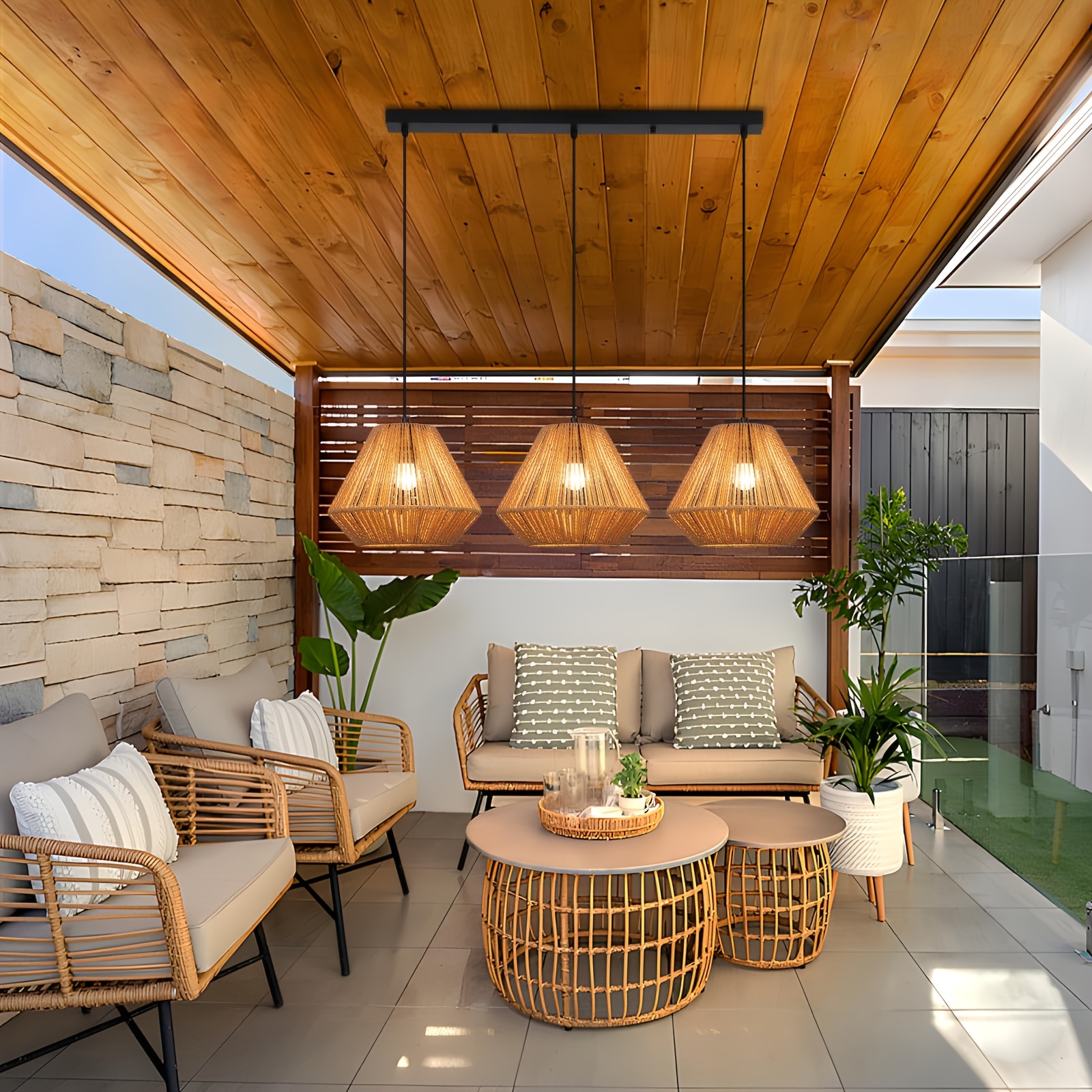 Image of Pendant Light Rattan Lamp Hanging Height Adjustable Dining -bulb Dining Table Lamp Retro Design With E27 Socket For Bedroom Living Room - Bulb Not Included