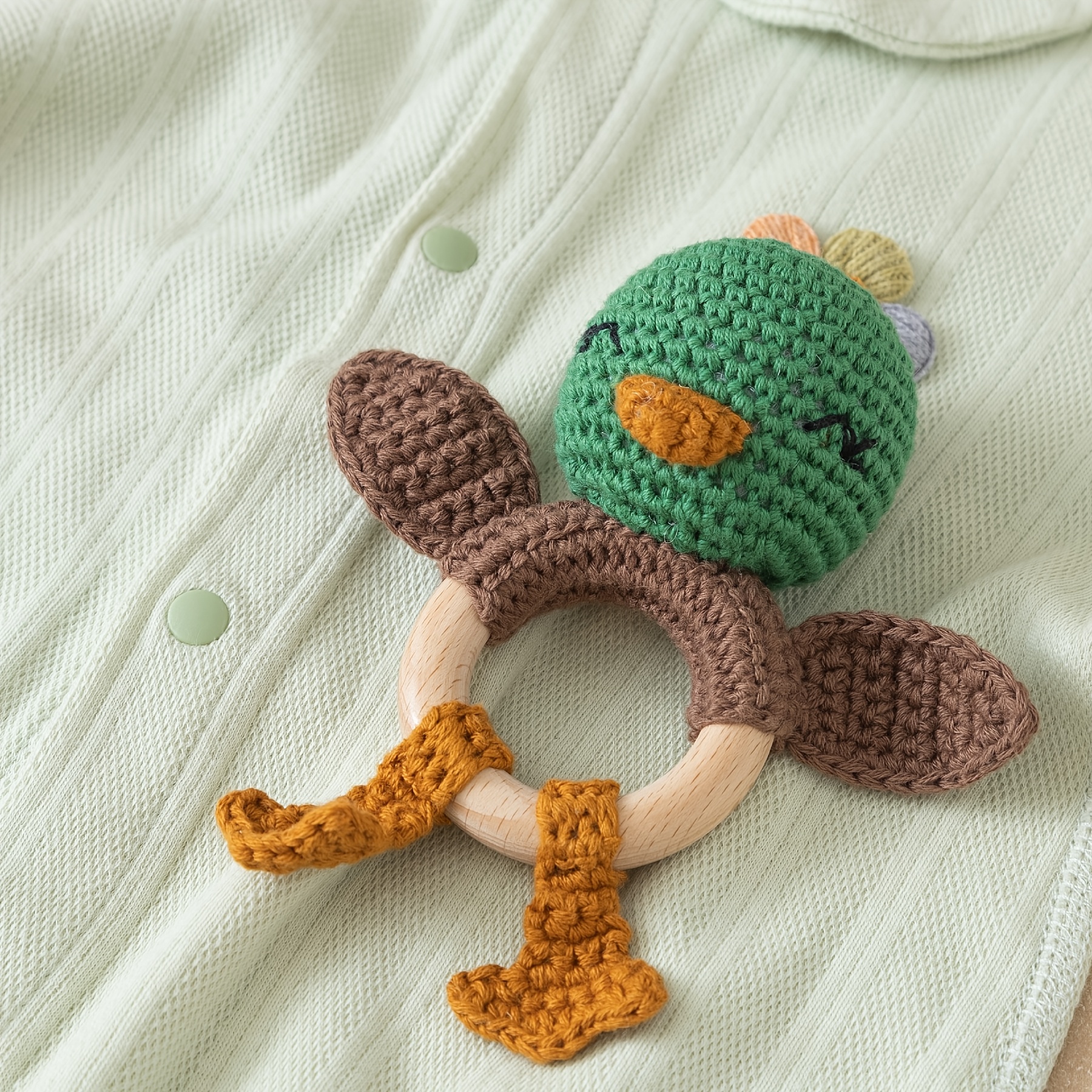 Hand-Woven Green Duck Rattle, Adorable Baby Grasping Toy