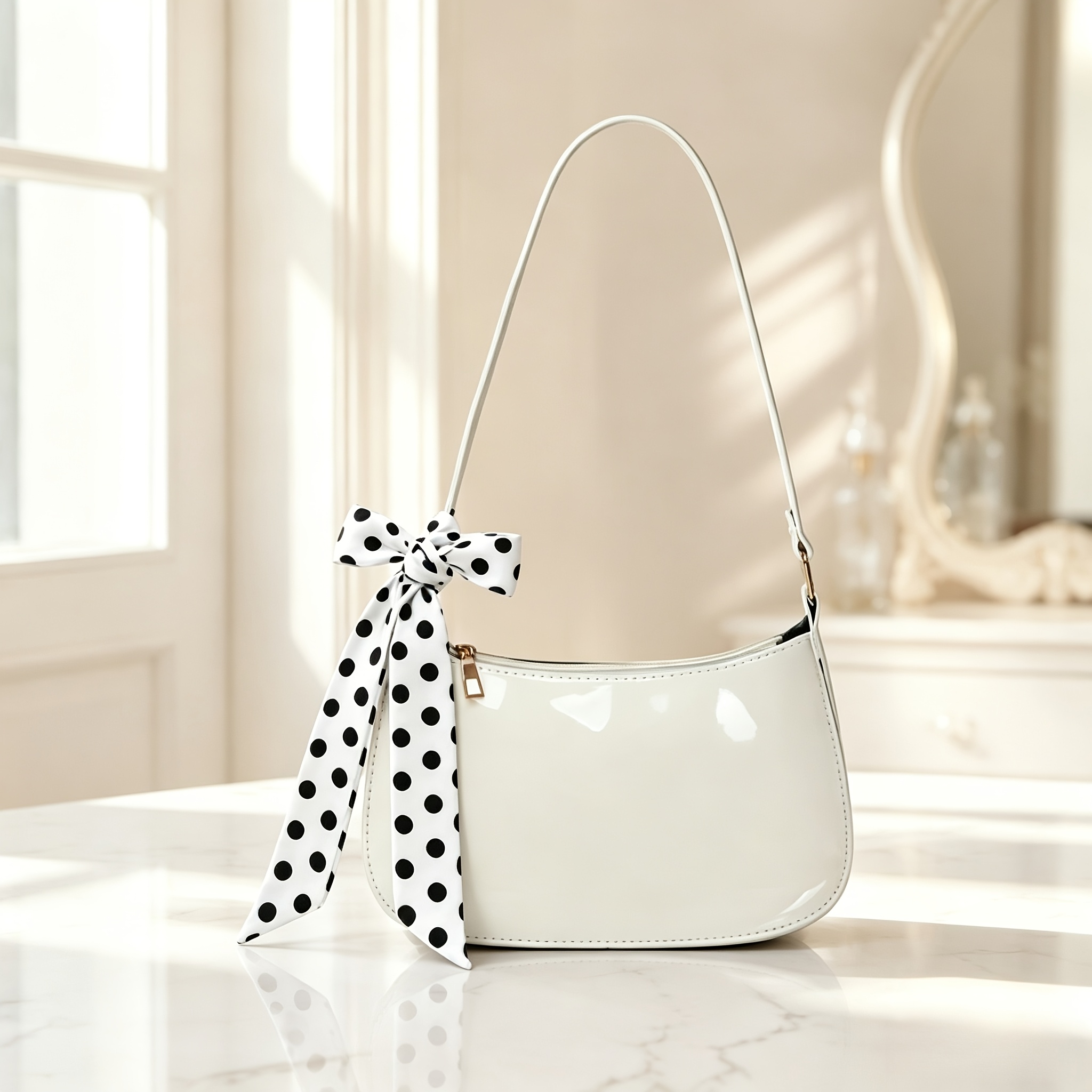 TEMU 2pcs Women's Shoulder Bag - French & White Polka Dot Handbag With Zipper Closure, Minimalist Handbag Suitable For, Office, Travel, Commuting,