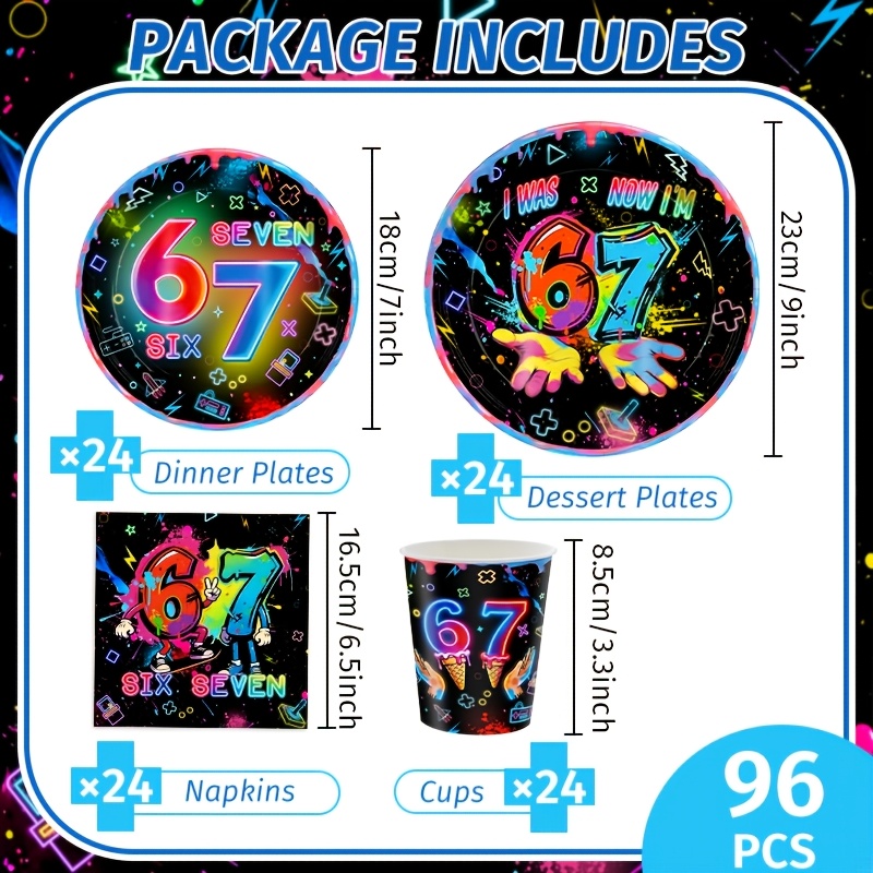 96pcs,cool Neon 7th Birthday Party Tableware,paper Plates Cups Napkins,color Black Background Number 6 7,birthday Party Decor,happy Birthday Neon Party Supplies I Perfect For Halloween