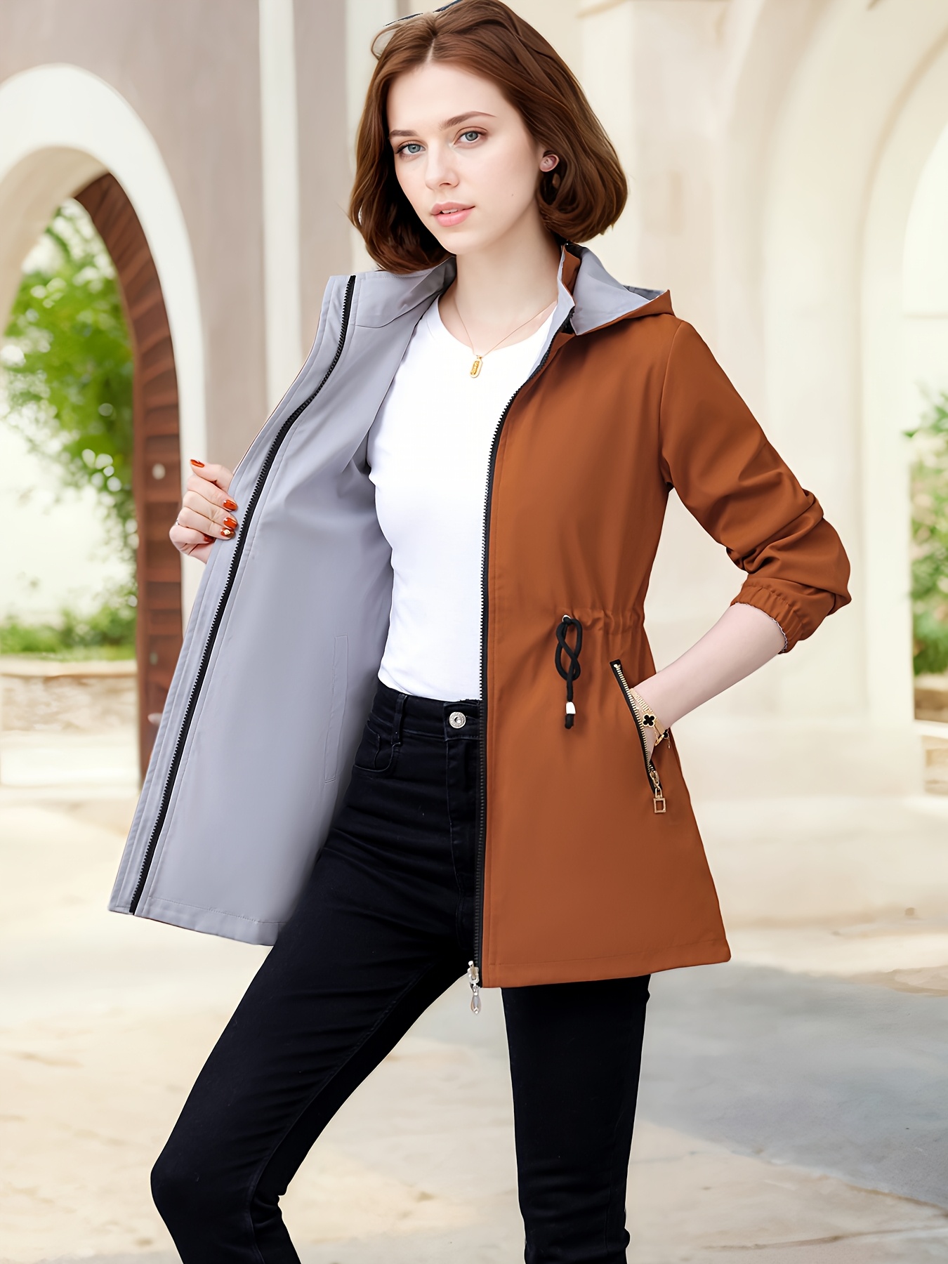 Chaqueta reversible para mujer, estilo casual, color liso, 100% poliéster, tejido sin estirar, tejido, con bolsillos, largo medio, cierre con botones, ropa exterior ligera