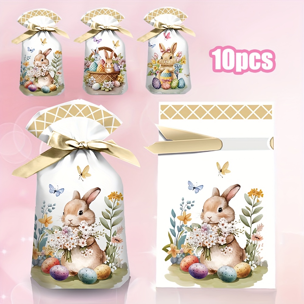 10pcs Easter Bunny & Floral Drawstring Gift Bags - Cute Cartoon Rabbit Design With Colorful Eggs, Flowers & Butterflies, Easter Party Favors, Treats, And Decorations