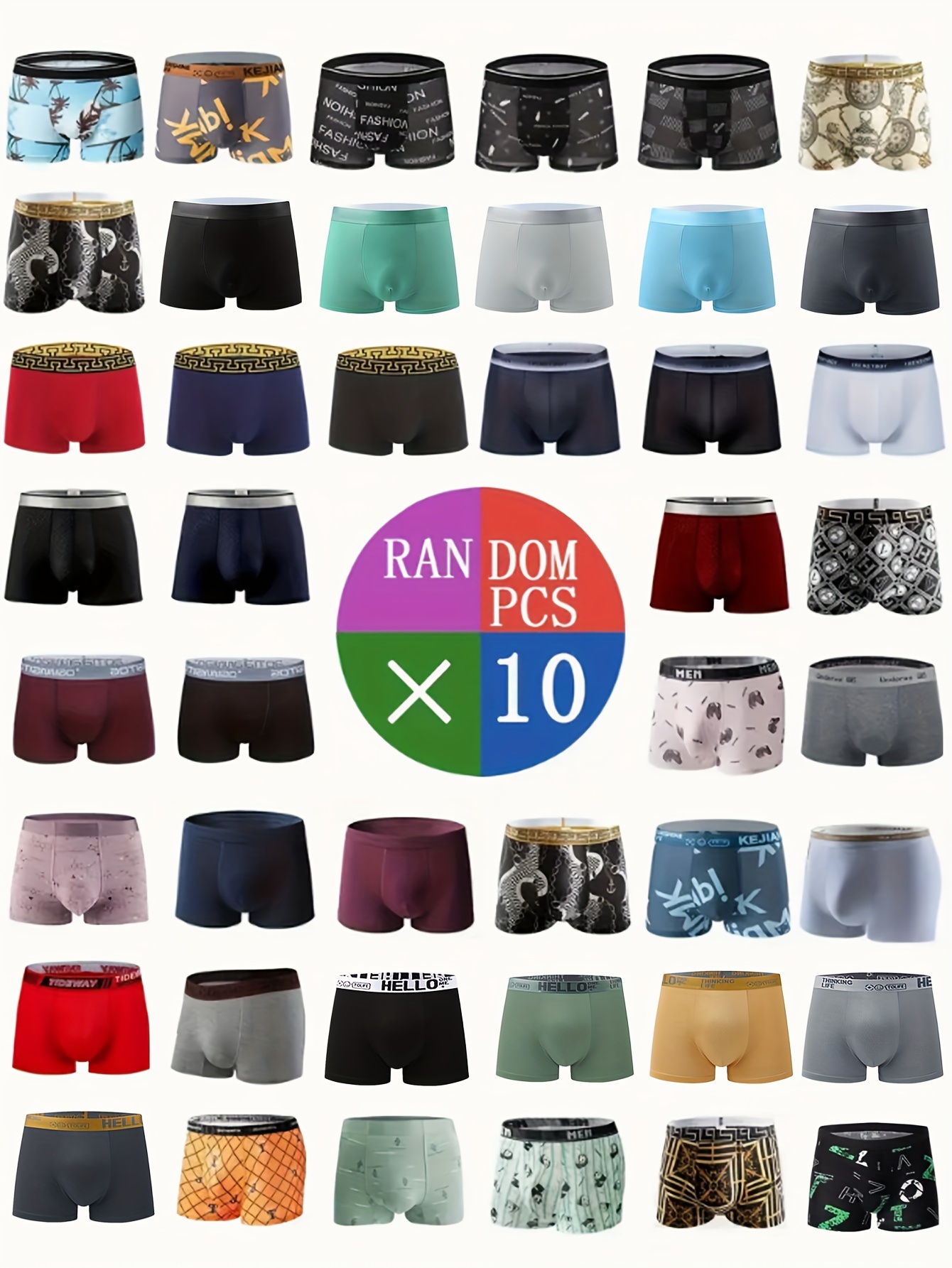 Conjunto de 10 boxers estampados para homem, em poliéster respirável, com alta elasticidade, secagem rápida, confortáveis, em cor sólida, sem materiais secundários, para uso diário casual.