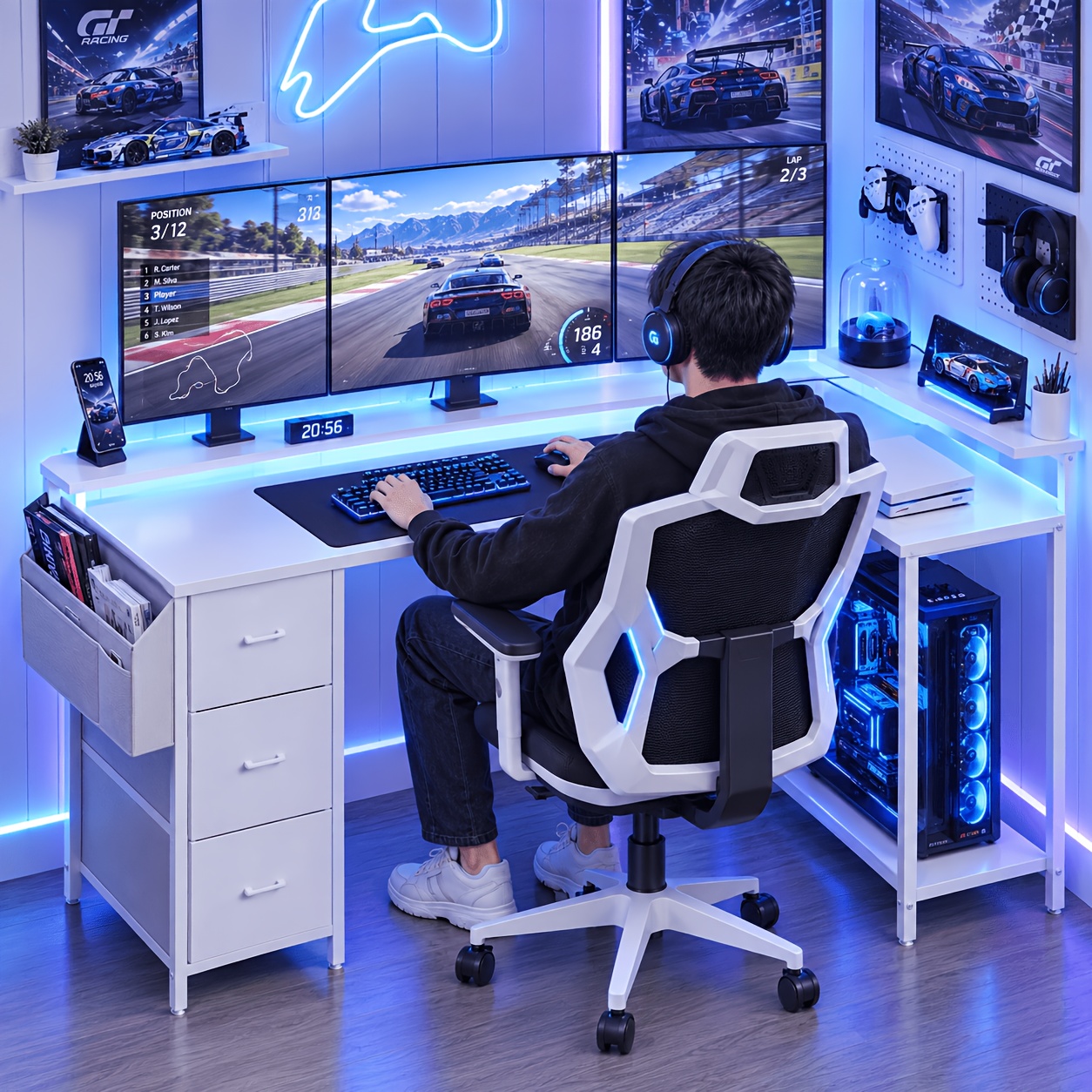TEMU Bureau de jeu en L avec lumière LED et prise d'alimentation - Bureau de , bureau d'ordinateur 120/140 cm avec étagères de rangement et tiroir en