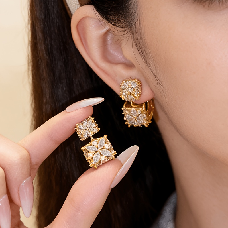 TEMU Full-set Cubic Synthetic Zirconia Flower Clover Heavy-duty Asymmetrical Cube Stud Earrings, Suitable For Women, Wedding Accessories,