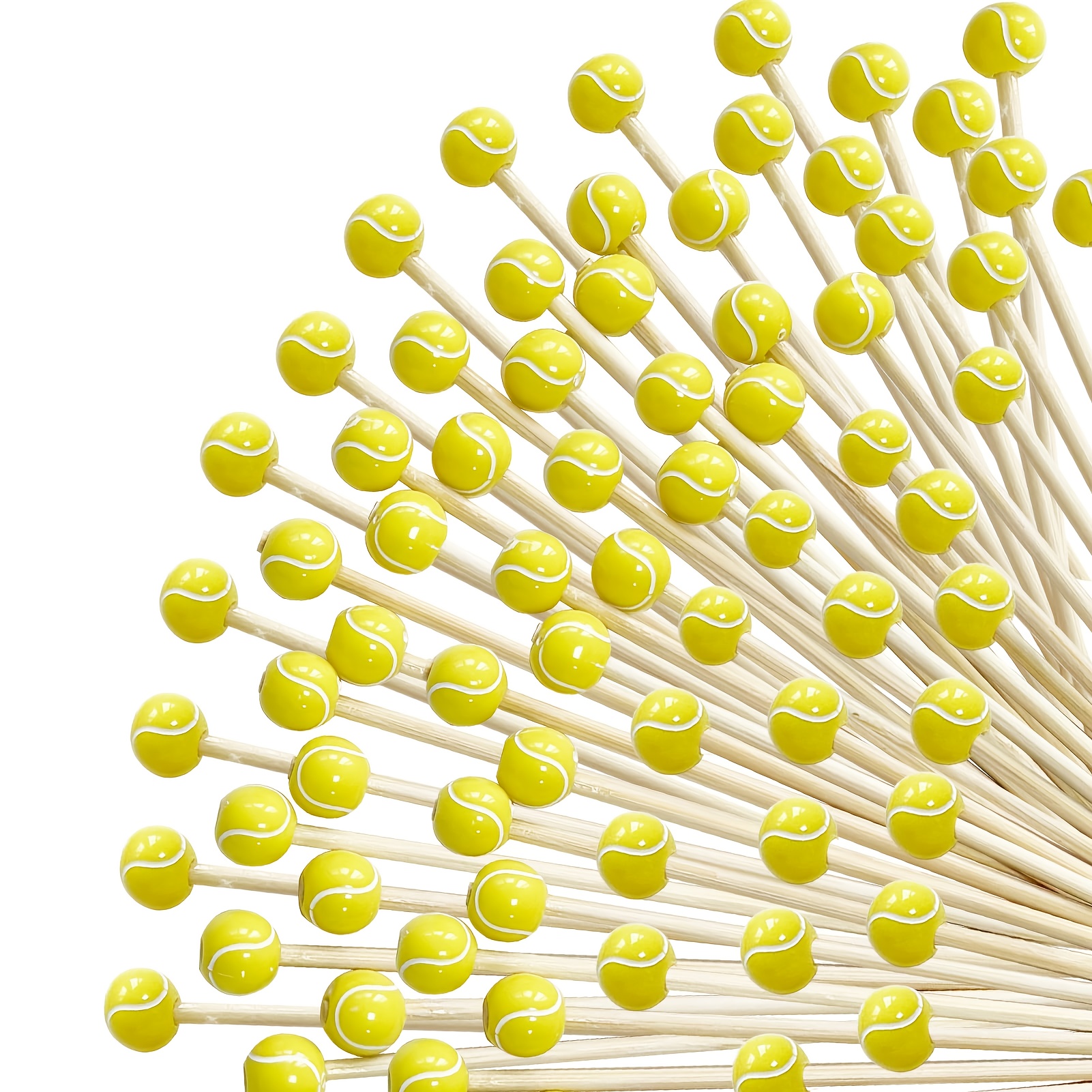 Image of Set Of 100 Tennis-themed Cocktail Picks, Measuring 4.7 Inches, Featuring Decorative Sports Ball Ends. Wooden Skewers Are Perfect For Appetizers And Fruit At Tennis-themed Parties