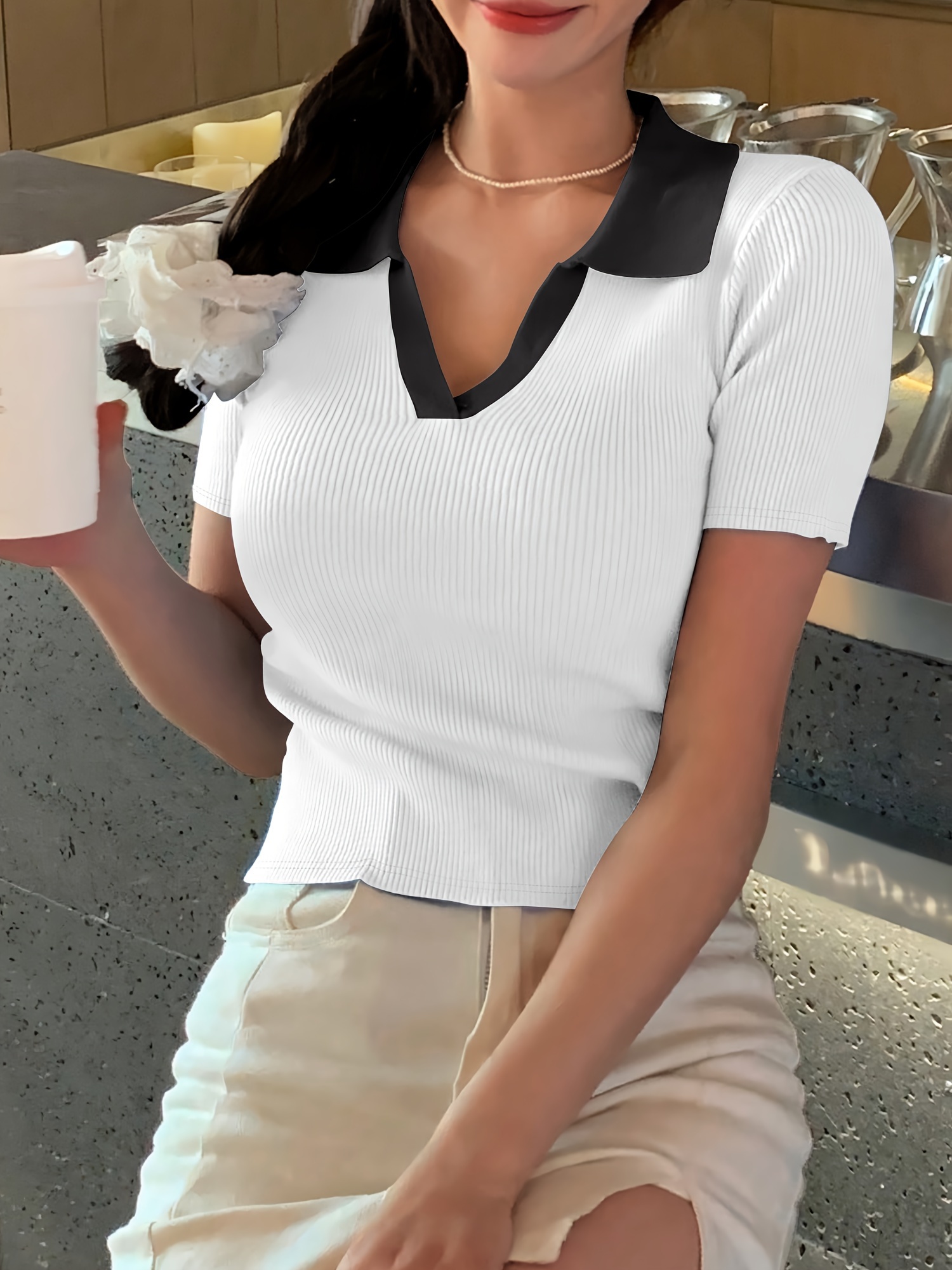 Piece Ribbed Contrast Trim Collared T-shirt, Short Sleeve Elegant *-* For  Summer Spring, Women's Clothing