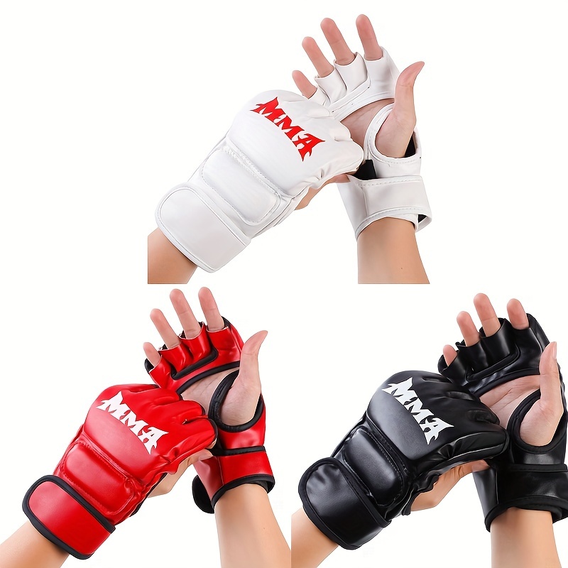 

1 Pair Adult Half-finger Mma Boxing Gloves With Hook & Loop Closure - Pu Material, In White/red/black