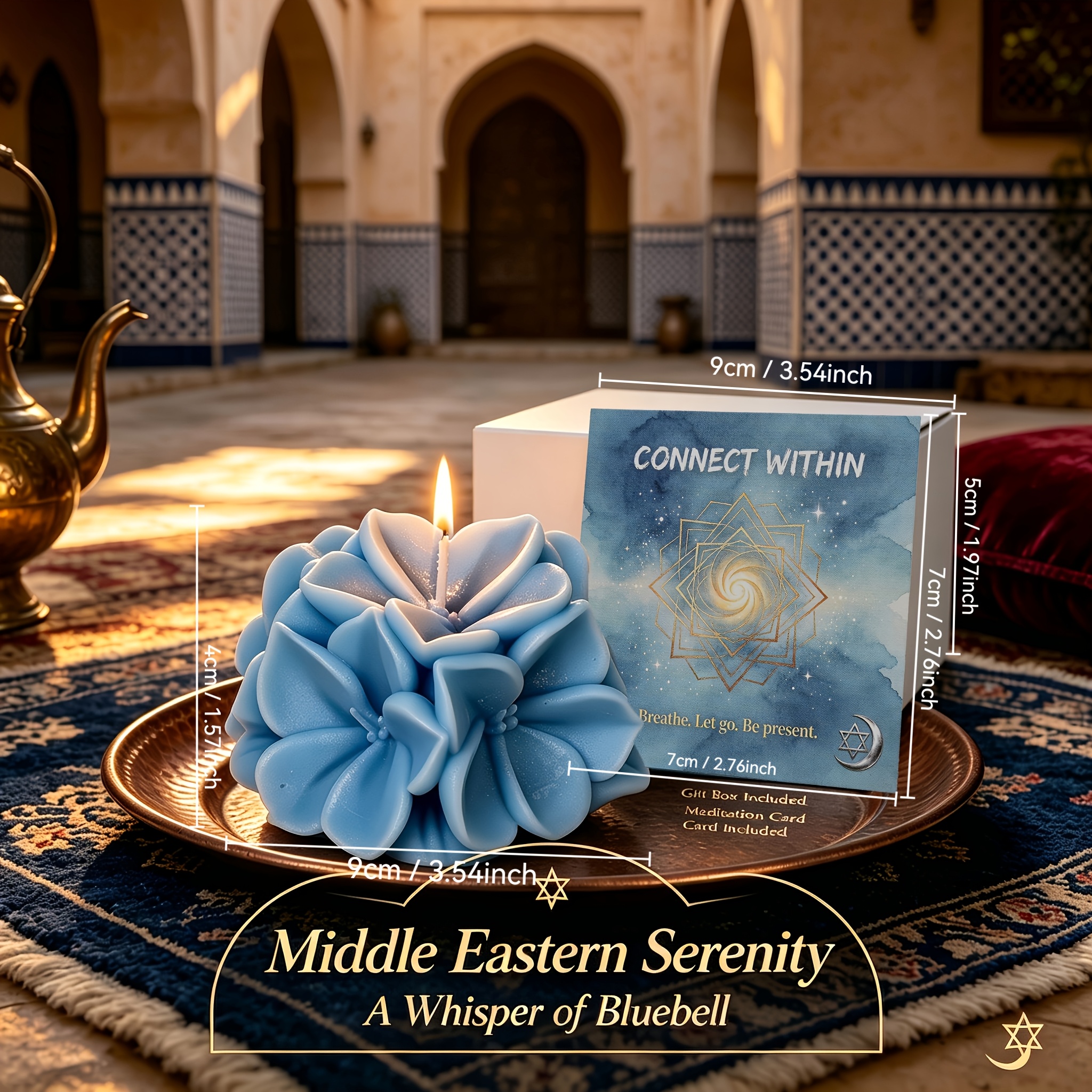 Bluebell Scented Flower Candle Gift Set with Box And Meditation Card - Blue Hydrangea Shaped Wax for Home Decor, Yoga, Spiritual Space - Middle Eastern Serenity Aesthetic - Unique Mindfulness Gift for Her, Birthday, Housewarming