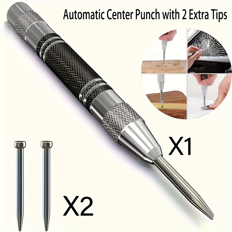 

Automatic Center Punch With 2 Extra Bits - 5 Inch Heavy Duty Steel Tool, Adjustable Tension, Rustproof, Polished, Round Head, Suitable For Metal, Wood, Glass - Materials