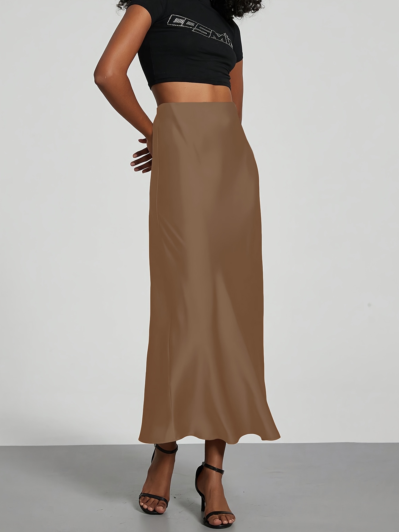 women's elegant solid black polyester spandex blend midi - Temu