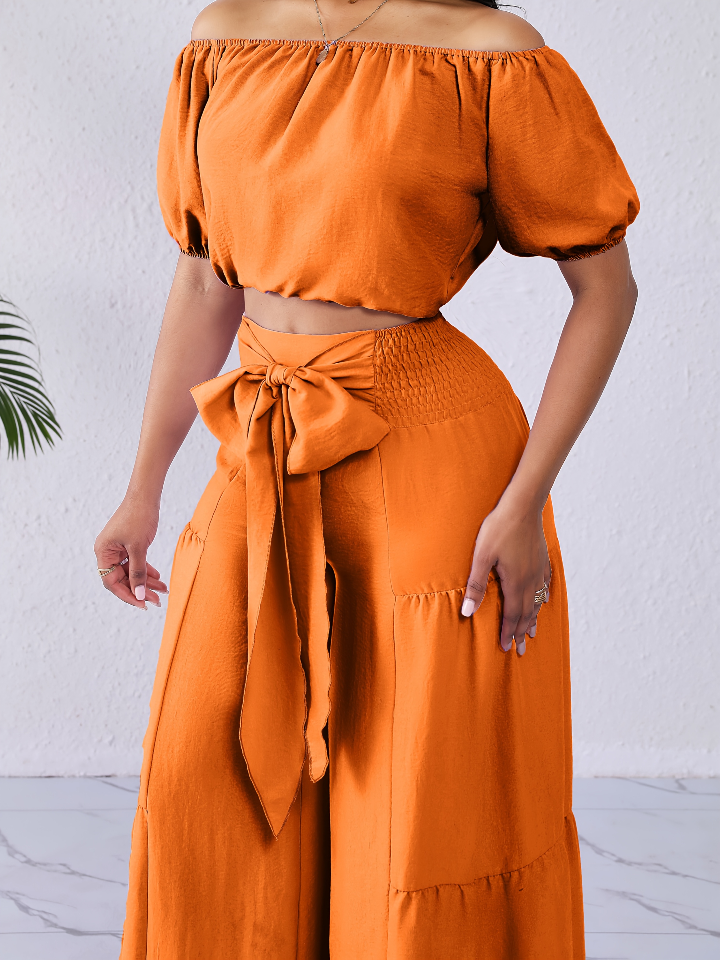 womens casual vacation shoulder top wide leg pants set - Temu